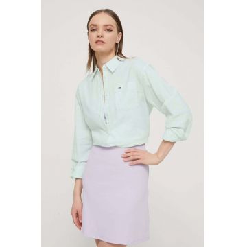 Tommy Jeans cămașă din amestec de in culoarea verde, cu guler clasic, relaxed DW0DW17737