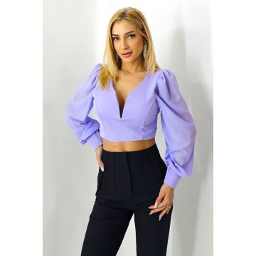 Top scurt Katarina, cu maneci bufante, Lila, Marime S/M
