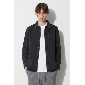 A.P.C. cămașă din denim bărbați, culoarea negru, cu guler clasic, regular