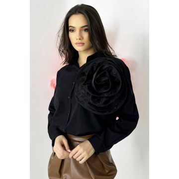 Camasa bumbac Organza Sweet, cu accesoriu floral oversize, detasabil, Negru