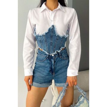 Camasa scurta Adelina, cu maneca lunga si panou din denim, Albastru