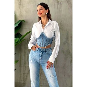 Camasa scurta Adelina, cu maneca lunga si panou din denim, Albastru zapada