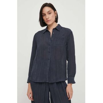 Emporio Armani camasa femei, culoarea albastru marin, cu guler clasic, regular