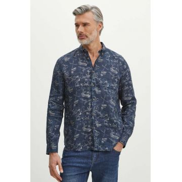 Medicine cămașă de in bărbați, culoarea bleumarin, cu guler button-down, regular