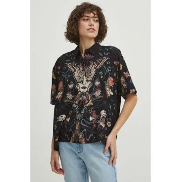 Medicine camasa femei, culoarea negru, cu guler clasic, relaxed