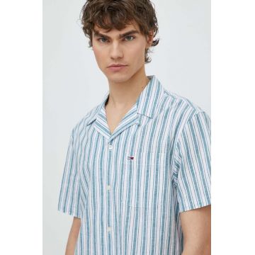 Tommy Jeans cămașă din amestec de in culoarea verde, regular DM0DM18961