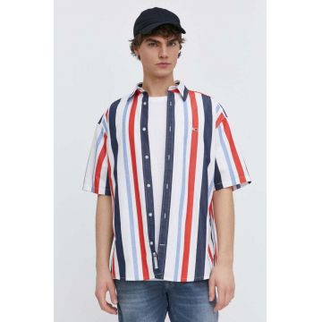 Tommy Jeans cămașă din bumbac bărbați, culoarea alb, cu guler clasic, relaxed, DM0DM18966