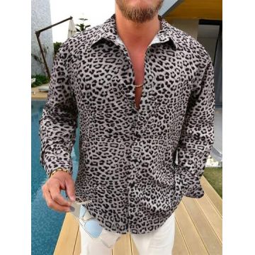 Camasa cu imprimeu leopard, si maneca lunga, gri, barbati, Shein