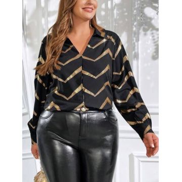 Camasa cu imprimeu si decolteu, negru, dama, Shein