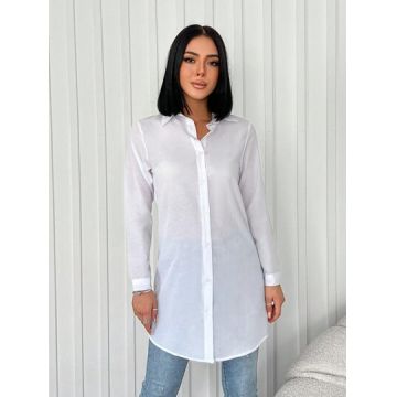 Camasa din bumbac cu maneca lunga, alb, dama, Shein