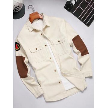 Camasa din denim, cu buzunare si maneca lunga, crem, barbati, Shein