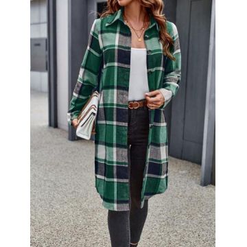 Camasa lunga, cu nasturi si imprimeu, verde, dama, Shein
