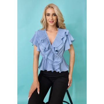 Camasa Sasha, cu volane si maneca scurta, Albastru, Marime universala S/M