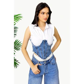 Camasa scurta MEHA, fara maneca si panou din denim, Albastru