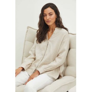 Medicine cămașă de in culoarea bej, cu guler stand-up, relaxed