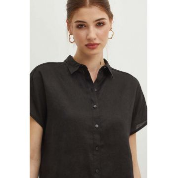 Medicine camasa de in femei, culoarea negru, cu guler clasic, regular