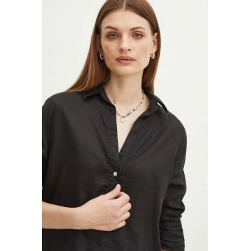 Medicine cămașă de in femei, culoarea negru, cu guler clasic, relaxed