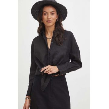 Medicine camasa de in femei, culoarea negru, cu guler clasic, relaxed