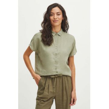 Medicine camasa de in femei, culoarea verde, cu guler clasic, regular