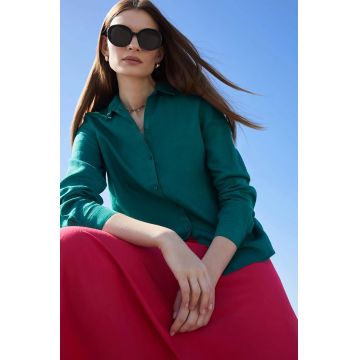 Medicine camasa de in femei, culoarea verde, cu guler clasic, regular
