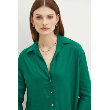 Medicine camasa de in femei, culoarea verde, cu guler clasic, relaxed