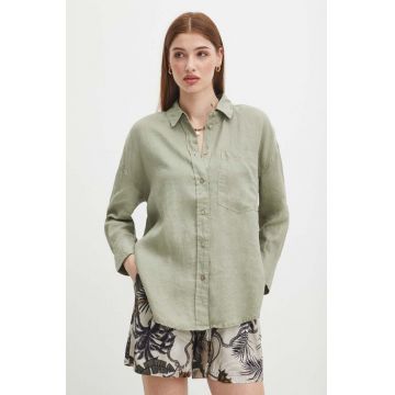 Medicine camasa de in femei, culoarea verde, cu guler clasic, relaxed