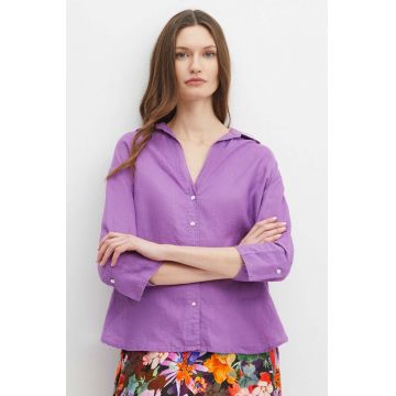 Medicine cămașă de in femei, culoarea violet, cu guler clasic, relaxed