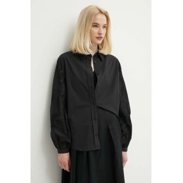 Sisley camasa din bumbac femei, culoarea negru, cu guler clasic, relaxed
