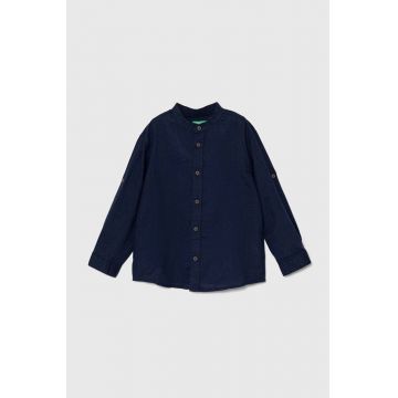 United Colors of Benetton cămașă de in pentru copii culoarea albastru marin