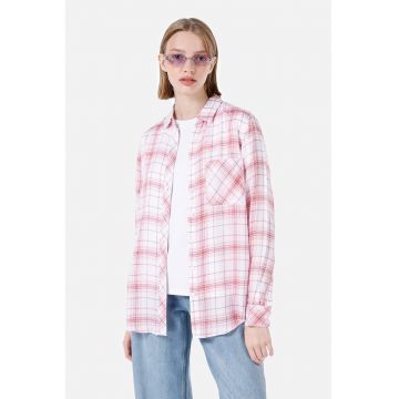 Camasa cu model in carouri si buzunar pe piept - Roz