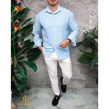 Cămașă de bărbați, Slim Fit, bleu cu dungi albe- CR169