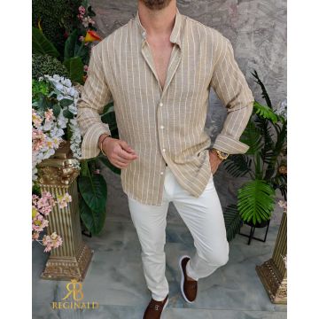 Cămașă de bărbați, Slim Fit, crem cu dungi albe - CR159
