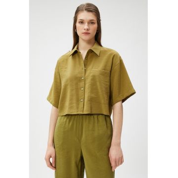 Camasa crop din amestec de modal cu maneci scurte cazute