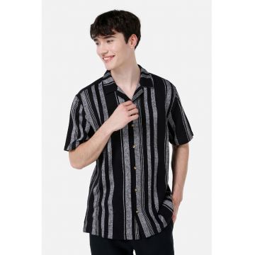 Camasa din amestec de in cu model in dungi - Negru/Gri deschis