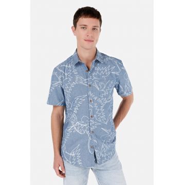 Camasa din bumbac cu maneci scurte si imprimeu - Albastru prafuit/Alb optic