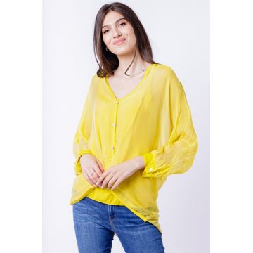 Bluza tip camasa, cu fald, din matase naturala galbena, cu dublura
