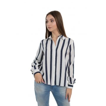 Camasa vaporoasa cu guler ascutit Hermina - Alb optic/Bleumarin