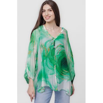 Bluza tip camasa din matase si vascoza cu imprimeu verde, cu dublura