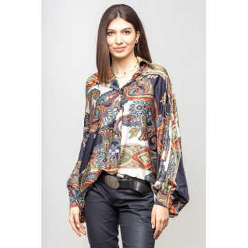 Camasa din satin oversize, cu maneci bufante si imprimeu arabesque pe fond negru