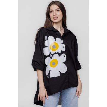 Camasa neagra din poplin satinat de bumbac, cu imprimeu margarete