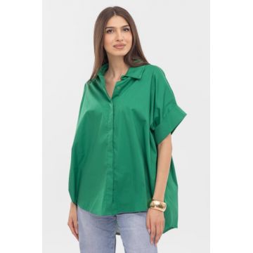 Camasa oversize verde din poplin de bumbac, cu maneci scurte