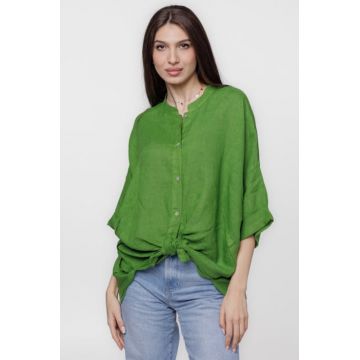 Camasa verde olive, din in, cu guler tunica si nod in fata