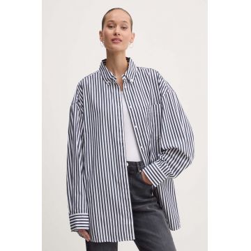 Tommy Jeans camasa din bumbac femei, culoarea albastru marin, cu guler clasic, relaxed, DW0DW19236
