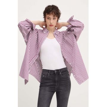 Tommy Jeans camasa din bumbac femei, culoarea violet, cu guler clasic, relaxed, DW0DW19236