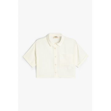 Camasa crop cu buzunar aplicat pe piept - Alb