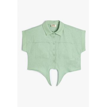 Camasa crop din amestec de in cu buzunare aplicate - Verde deschis
