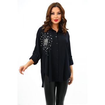 Camasa dama Dazzle, croiala asimetrica si strasuri decorative, Negru