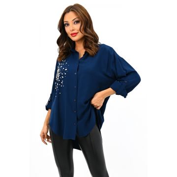 Camasa eleganta Dazzle, croiala oversize cu pietre decorative, Bleumarin
