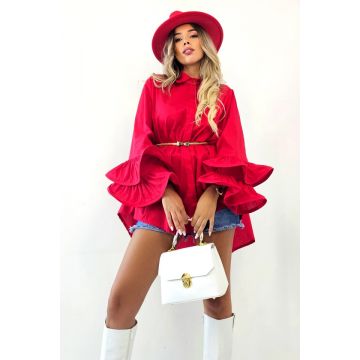 Camasa eleganta Sugar LoLLy, maneci cu volane si croi supradimensionat, Rosu, Marime S/M/L
