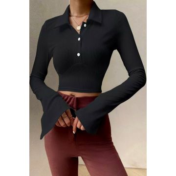 Camasa tricot Crop Polo, cu maneca lunga evazata si nasturi, Negru